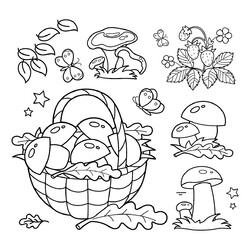 Раскраска Грибы и лукошко с грибами