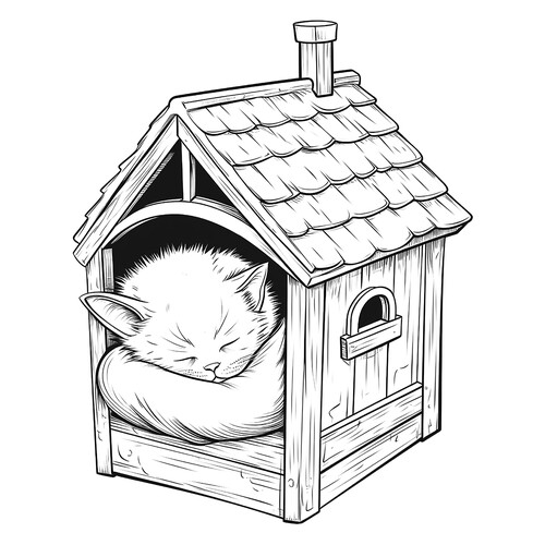 Раскраска Котёнок в домике