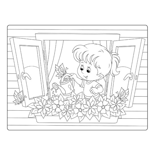 Девочка поливает цветы