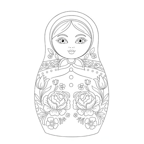 Раскраска Матрёшка с двумя пионами