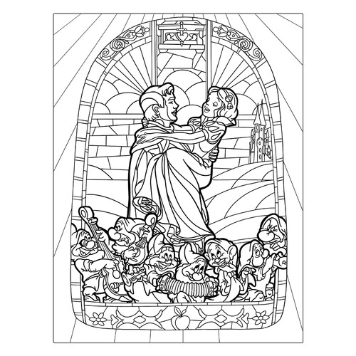 Раскраска Белоснежка с принцем и гномами