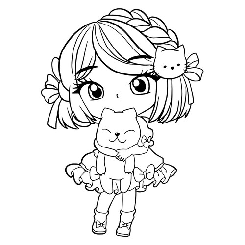 Раскраска Милая аниме девочка с кошкой