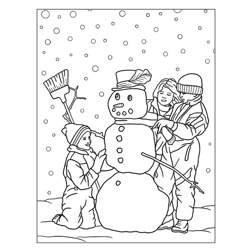 Раскраска Дети лепят милого снеговика