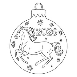 Раскраска Ёлочный шар с лошадкой 2026