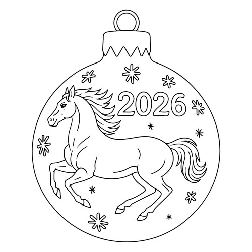 Раскраска Ёлочный шар с лошадкой 2026