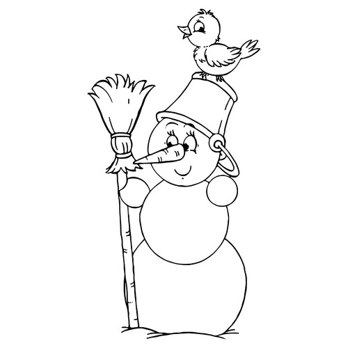 Раскраска Птичка сидит на голове у Снеговика