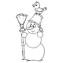 Раскраска Птичка сидит на голове у Снеговика