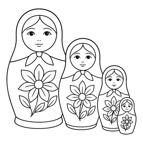 Раскраска Четыре матрёшки с цветочками