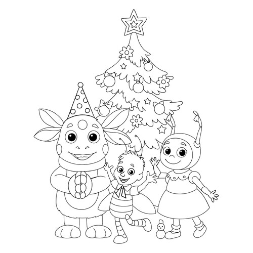 Раскраска Лунтик, Пчелёнок и Мила возле ёлки