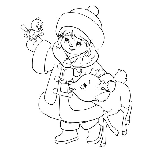 Раскраска Снегурочка с оленёнком и птичкой