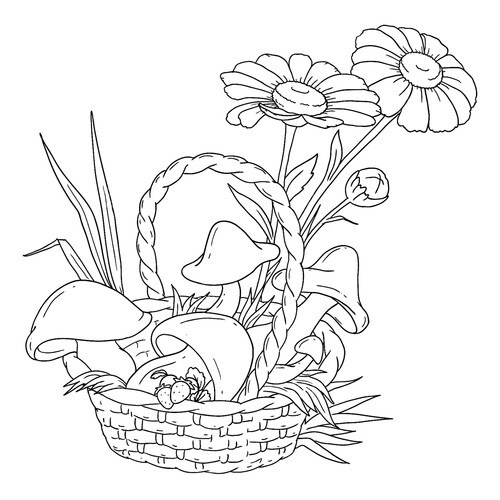 Раскраска Корзинка с грибами и цветами