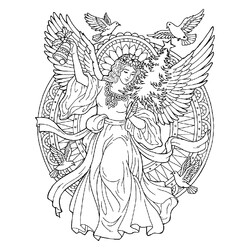 Раскраска Ангел с елкой, колокольчиком и голубями