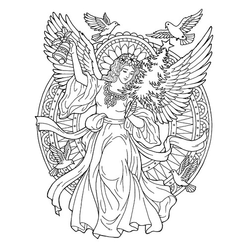 Ангел с елкой, колокольчиком и голубями