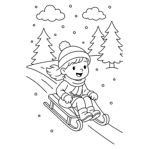 Раскраска Девочка на санках в лесу