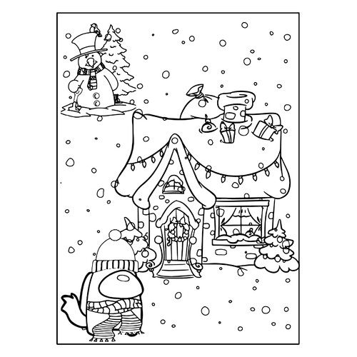 Раскраска Амонг Ас член экипажа, пряничный домик и снеговик