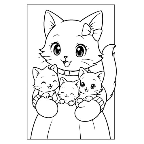 Раскраска Кошка с котятами в варежках