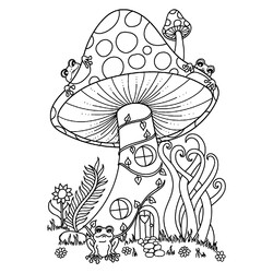 Раскраска Домик мухомор и лягушки