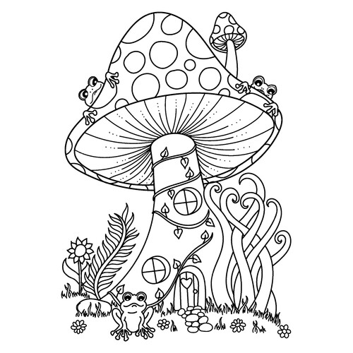Раскраска Домик мухомор и лягушки