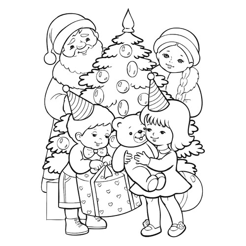Раскраска Дед Мороз и Снегрочка дарят подарки детям