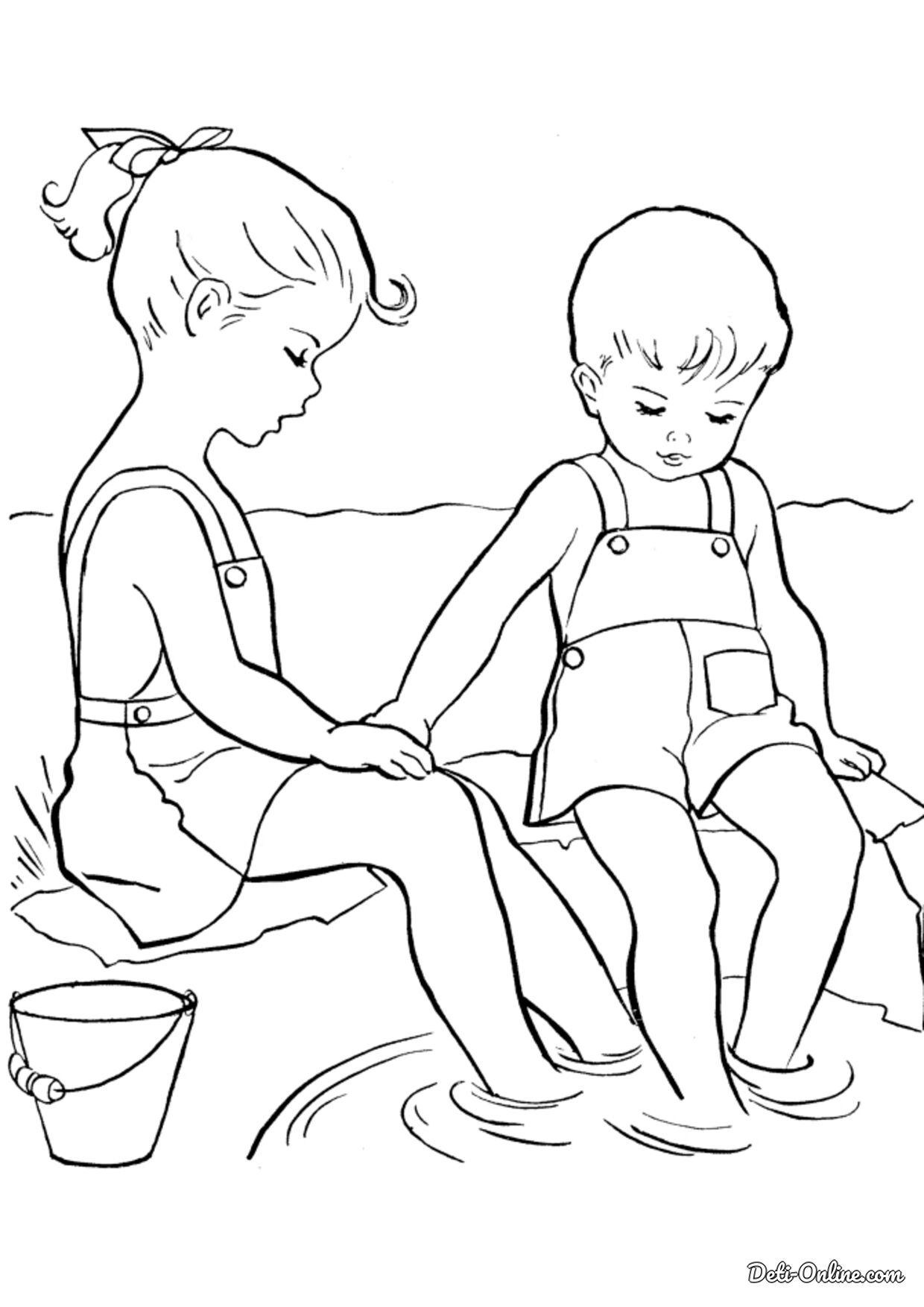 Раскраска девочка и мальчик с воздушными шарами распечатать