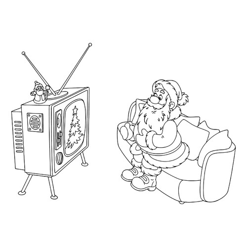 Раскраска Дед Мороз смотрит новогоднюю передачу