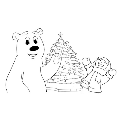 Раскраска Умка, Тайкэ и новогодняя ёлка