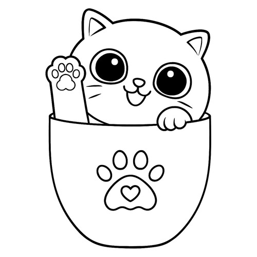 Раскраска Котёнок машет лапкой из чашки