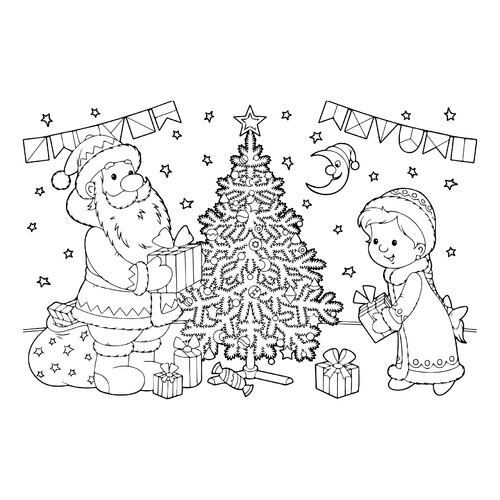 Раскраска Дед Мороз и Снегурочка складывают подарки под ёлку