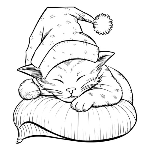 Раскраска Милый котик спит в шапке