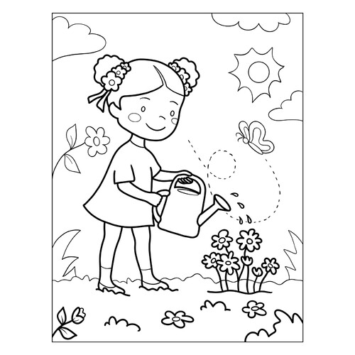 Раскраска Девочка поливает цветы