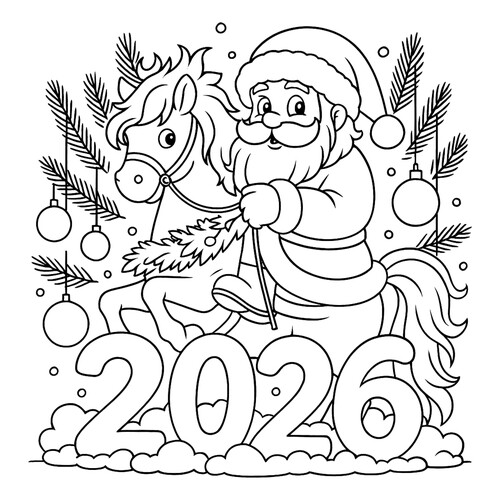 Раскраска Дед Мороз на лошадке 2026