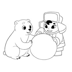 Раскраска Умка и Тайкэ лепят снеговика