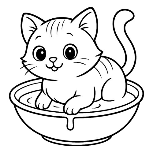 Раскраска Кот залез в миску