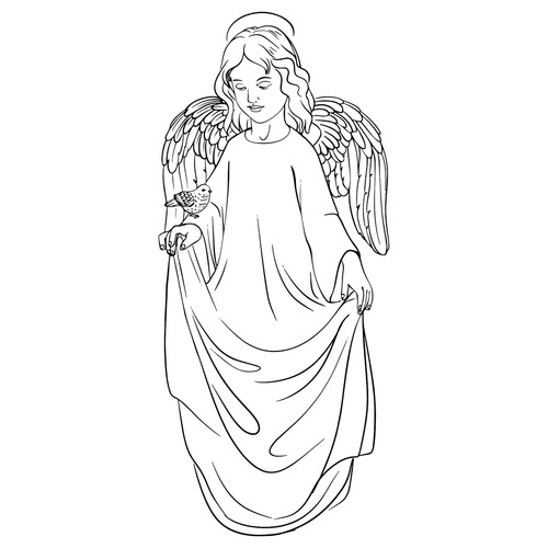 Раскраска Девочка ангел с птичкой на руке