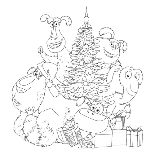 Раскраска Финник с домовыми возли ёлки