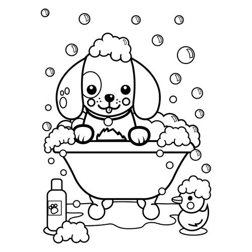 Раскраска Собачка в пенной ванне