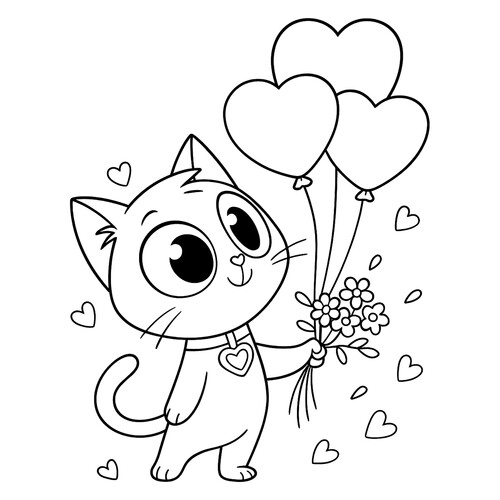 Раскраска Кот дарит цветы и шарики