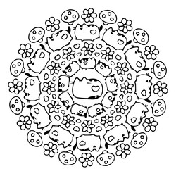 Раскраска Кот Пушин, грибы, цветочки (мандала)