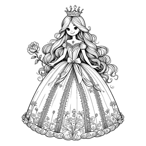 Раскраска Прекрасная принцесса с розой