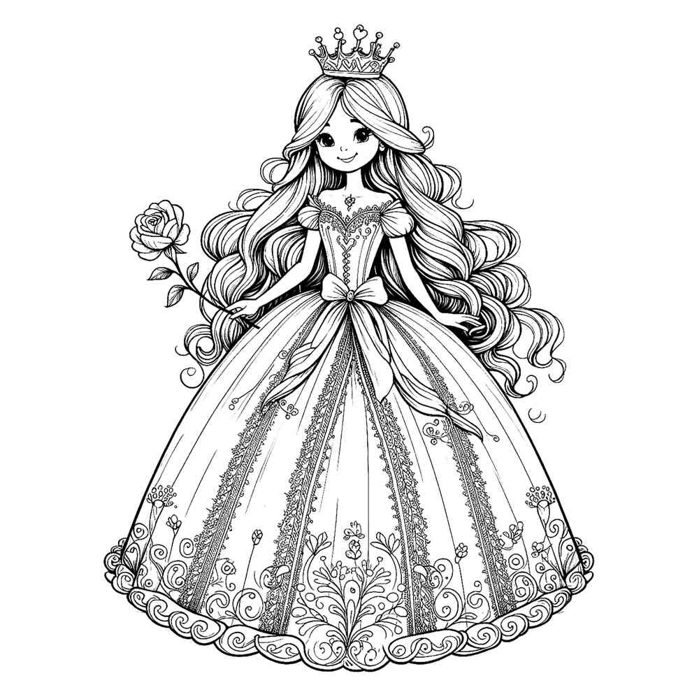 Раскраска Прекрасная принцесса с розой распечатать или скачать