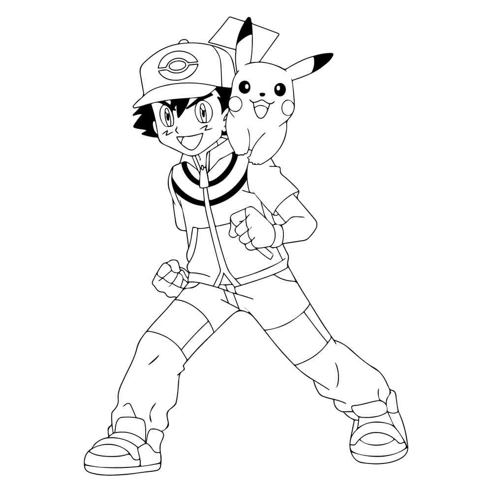 Раскраска Эш и Пикачу распечатать или скачать