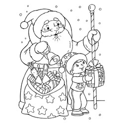 Дед Мороз с мальчиком дарят подарки