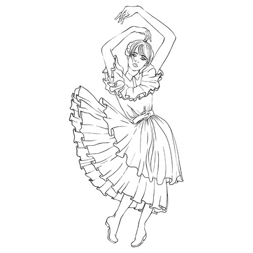 Раскраска Уэнсдей Аддамс танцует в великолепном платье