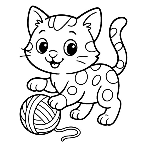 Раскраска Пятнистый котёнок с клубком