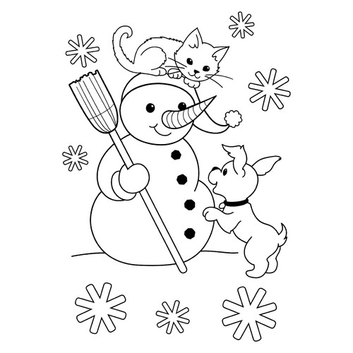 Раскраска Кот на голове у Снеговика