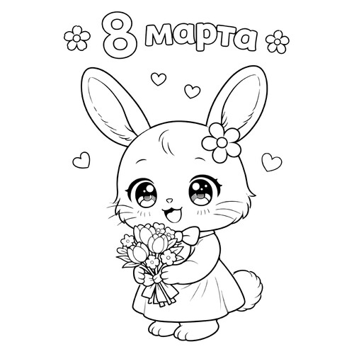 Раскраска Кролик с букетом на 8 марта