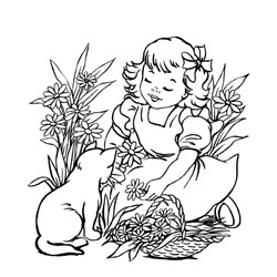 Раскраска Кот и девочка собирают ромашки