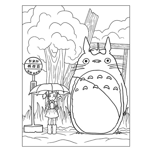 Раскраска Знаковая сцена остановки из аниме Мой сосед Тоторо