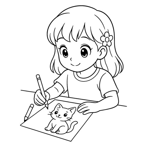 Раскраска Девочка нарисовала кота