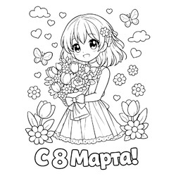 Раскраска Аниме девушка с букетом на 8 марта